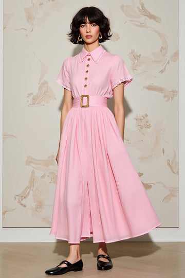Rose une ligne col polo robe avec ceinture